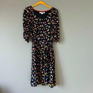 Boden Belted Navy Floral Dress with Pintuck Detail and semi-sheer 3/4 sleeves